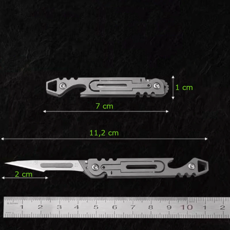 Skalpel / nůž / otvírák (skládací kapesní) z nerezové oceli s vyměnitelnými čepelemi + 10x náhradní čepelky číslo 11