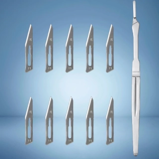 Skalpel chirurgický s čepelí z uhlíkové oceli, rukojeť model 7 s vyměnitelnými čepelemi + 10x náhradní čepelky číslo 11