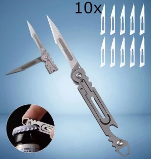 Skalpel / nůž / otvírák (skládací kapesní) z nerezové oceli s vyměnitelnými čepelemi + 10x náhradní čepelky číslo 11