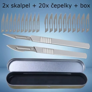Sada 2x Skalpel chirurgický + úložný box, (rukojeť model 3 a 4) + 20x náhradní čepelky číslo 11 a 23